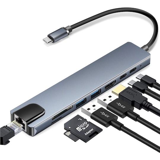 INF 8 port USB-C hub med USB, UBC PD, HDMI, RJ45, hukommelseskort Grå