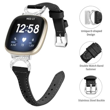 Bling zirkon armbånd i ægte læder Sort Fitbit Versa 4