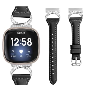 Bling zirkon armbånd i ægte læder Sort Fitbit Versa 4