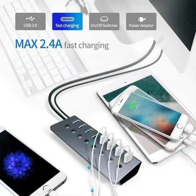 USB splitter USB 3.0 hub 5 Gbps 8-ports individuelle LED tænd/sluk-kontakter