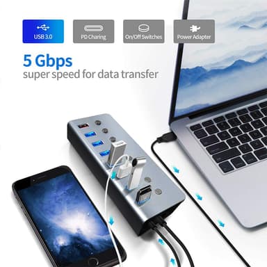 USB splitter USB 3.0 hub 5 Gbps 8-ports individuelle LED tænd/sluk-kontakter