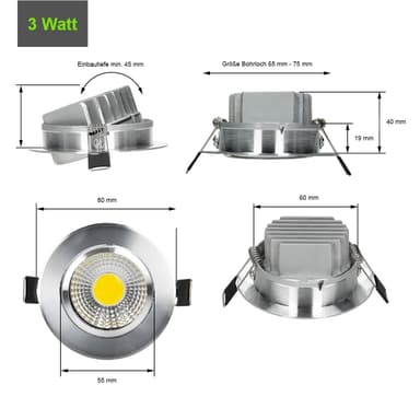 20 LED COB Forsænket Spotlights Indbygningsarmatur Spotlight Lampe Runde 3W køle