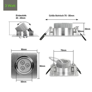 ECD Germany Pakke med 30 LED-forsænkede lygter 3W 230V 234 lumen varm hvid 3000K
