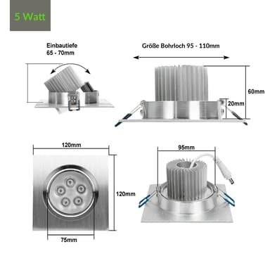ECD Germany 2-pak LED-indbygget spotlight 5W 230V 358 lumen kold hvid 6000K -