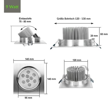 ECD Germany 6-pk LED-forsænkede lygter 9W 230V - kantet - 643 lumen - varm hvid
