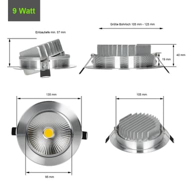 ECD Germany 1-Pack LED forsænket lys COB 12W 230V - sølv - aluminium - Ø 135 mm