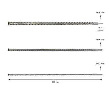 Betonbor sæt SDS Plus 12-16-24 mm x 1000 mm bor stenbor 3 stk. Set