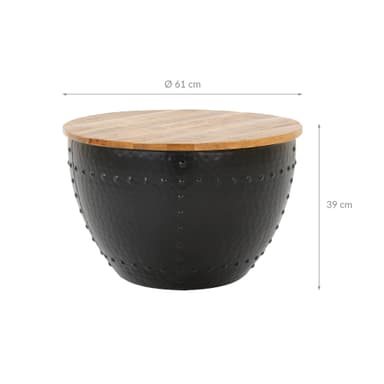 WOMO-DESIGN håndlavet sofabord rundt Ø 61x39 cm sort massivt træ mango metal