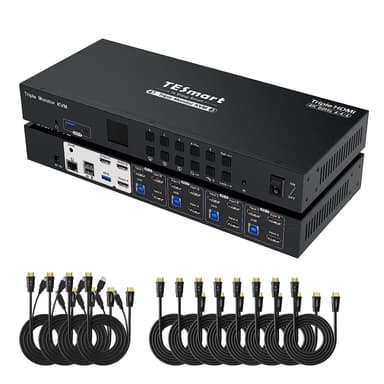 HDMI KVM Switch 4 pc til 3 skærme 4K60Hz headset, lydmikrofon, RJ45 LAN