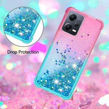 SKALO Xiaomi Redmi Note 12 5G Kvicksand Glitter Hjerter TPU Cover - Pink-Turkis