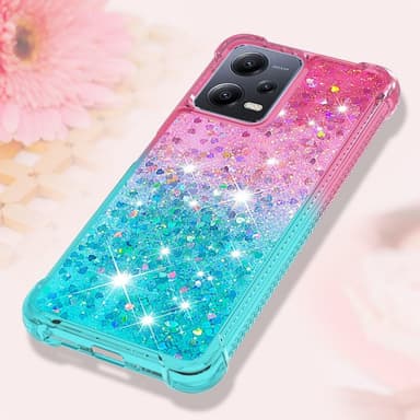 SKALO Xiaomi Redmi Note 12 5G Kvicksand Glitter Hjerter TPU Cover - Pink-Turkis