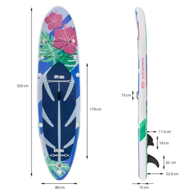 Oppustelig Stand Up Paddle Board Blomster 320x82x15 cm blå hvid PVC