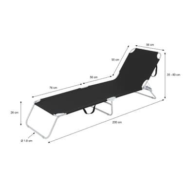 ECD-Germany solarium liggestol 200x56x26cm, Sort,aluminiumsramme, folde strand