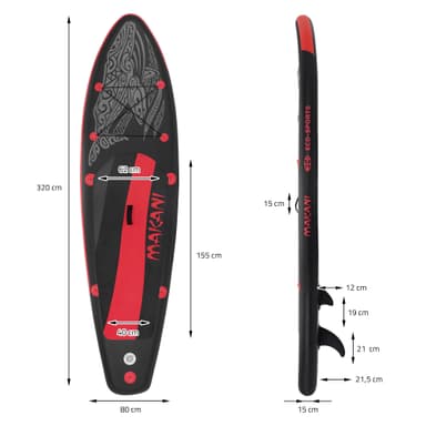 Oppustelig Stand Up Paddle Board Makani 320x82x15 cm Sort Rød PVC