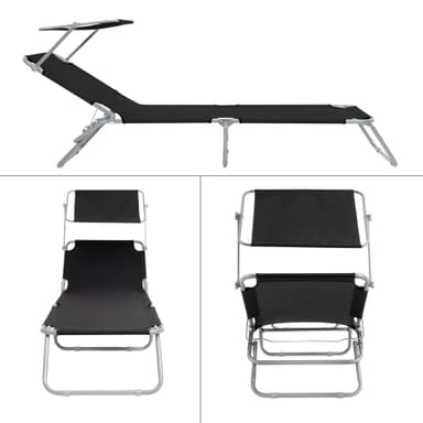 ECD-Germany Aluminium solarium liggestol med tag, sort, 200 cm, folde strand