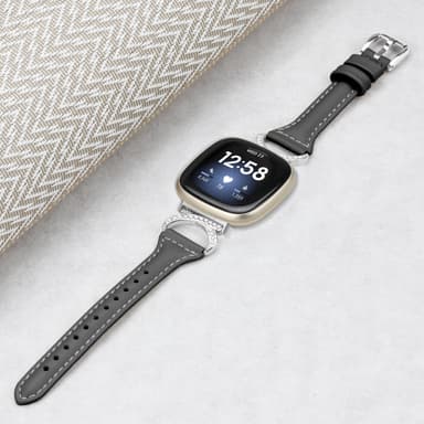 Bling zirkon armbånd i ægte læder Sort Fitbit Versa 4