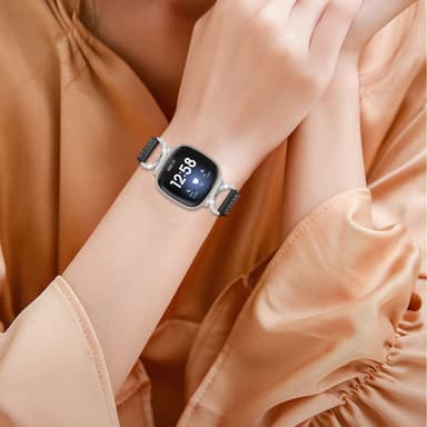 Bling zirkon armbånd i ægte læder Sort Fitbit Versa 4