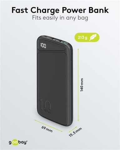 Goobay Hurtig opladning Powerbank 10.000 mAh (USB-C™ PD, QC 3.0)