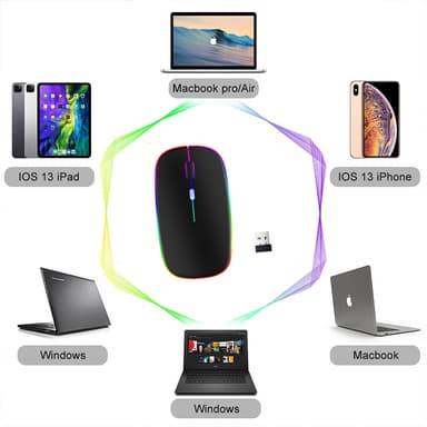 Trådløs mus med RGB LED dual mode Bluetooth/Wifi Sort