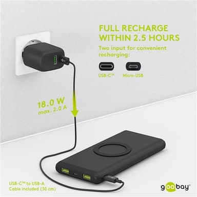 Goobay Trådløs hurtig opladning Powerbank 10.000 mAh (USB-C™ PD, QC 3.0)