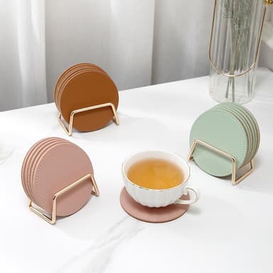Runde glasbrikker 6 stk med holder Brun