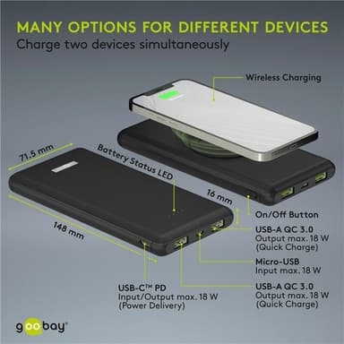 Goobay Trådløs hurtig opladning Powerbank 10.000 mAh (USB-C™ PD, QC 3.0)