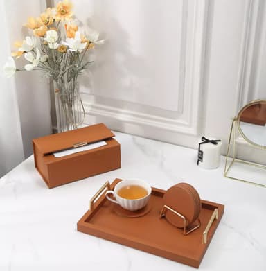 Runde glasbrikker 6 stk med holder Brun