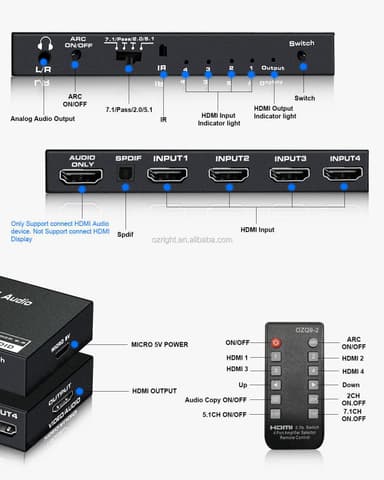 NÖRDIC HDMI2.0 Switch 4 till 1 med Audio Extractor och ARC, 4K60Hz, HDCP2.2, 7.1 Surround, RGB 8:8:8