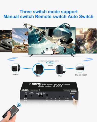 NÖRDIC HDMI2.0 Switch 4 till 1 med Audio Extractor och ARC, 4K60Hz, HDCP2.2, 7.1 Surround, RGB 8:8:8