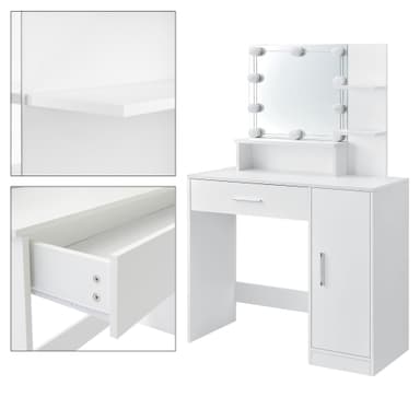 ML Design toiletbord hvid, frisørbord med LED-belysning, spejl, 1 skuffe, 3 rum