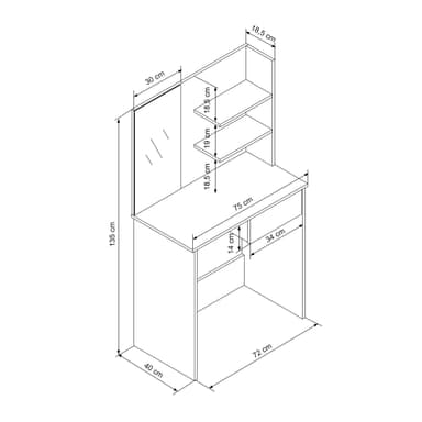 ECD Germany Moderne sminkebord med spejl, skuffe, 2 rum, 75x40x135cm, sort,