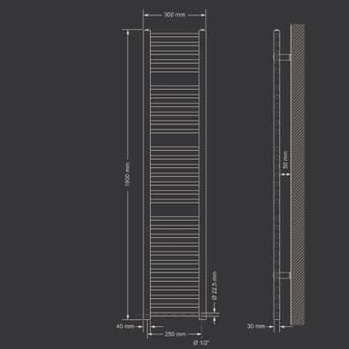 Håndklæderadiator 900 W Sahara 300 x 1800 mm hvid, sidetilslutning
