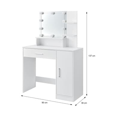 ML Design toiletbord hvid, frisørbord med LED-belysning, spejl, 1 skuffe, 3 rum
