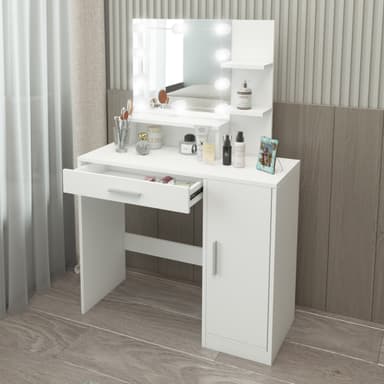 ML Design toiletbord hvid, frisørbord med LED-belysning, spejl, 1 skuffe, 3 rum