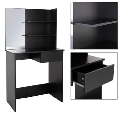 ECD Germany Moderne sminkebord med spejl, skuffe, 2 rum, 75x40x135cm, sort,
