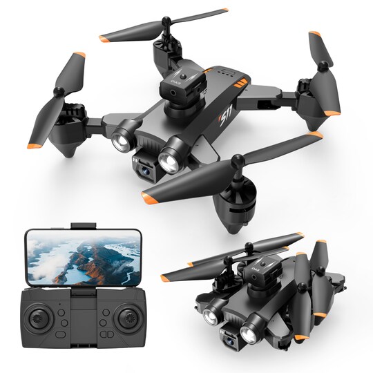 Drone med foldbart design, dobbelt kamera, undgåelse af forhindringer Sort