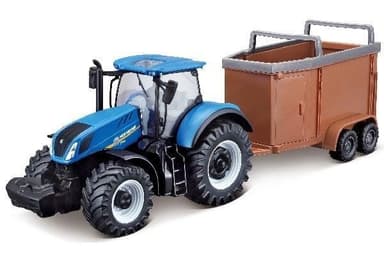 BURAGO Tractor w/livestock trailer N.H. T7.615 10cm blue