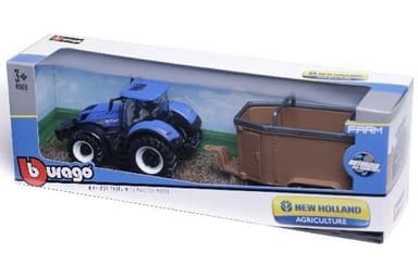 BURAGO Tractor w/livestock trailer N.H. T7.615 10cm blue