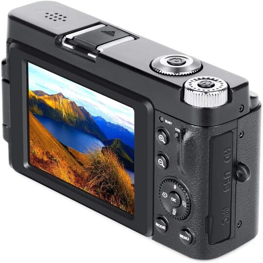 Digitalkamera med 48 MP, HD 1080p, 16x zoom, flip screen, 32 GB kort sort