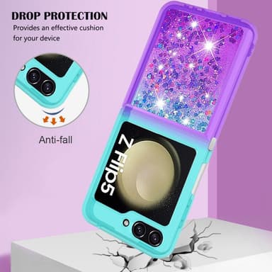 SKALO Samsung Z Flip5 Kvicksand Glitter Hjerter TPU Cover - Turkis-Lilla