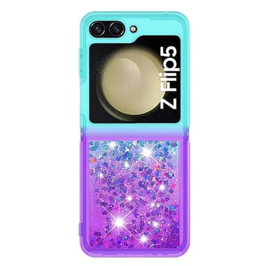 SKALO Samsung Z Flip5 Kvicksand Glitter Hjerter TPU Cover - Turkis-Lilla