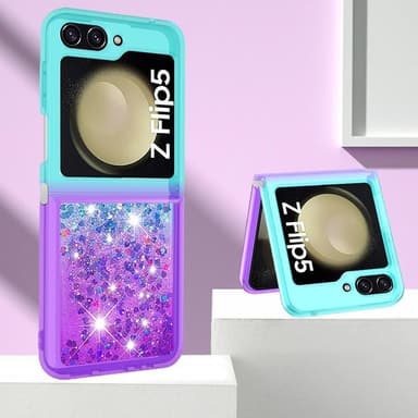 SKALO Samsung Z Flip5 Kvicksand Glitter Hjerter TPU Cover - Turkis-Lilla