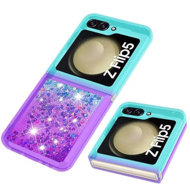 SKALO Samsung Z Flip5 Kvicksand Glitter Hjerter TPU Cover - Turkis-Lilla