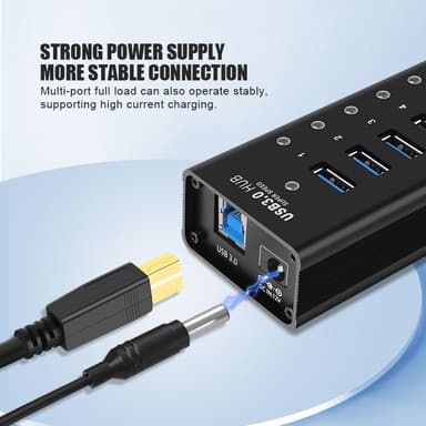 NÖRDIC 8-ports powered hub USB-A 3.0 5Gbps med switch 1.2m kabel aluminium sort med strømforsyning