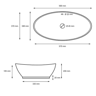 Keramisk vask til bordplade med håndvask 590 x 390 mm