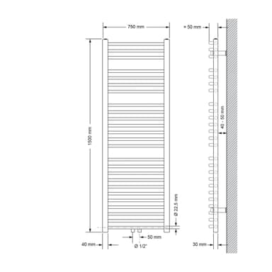 Badeværelsesradiator - 750 x 1500 mm - hvid buet, central tilslutning