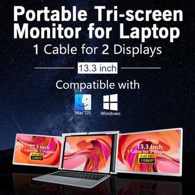 NÖRDIC Dual Portable 13,3"" skærme med teleskopstativ til bærbar 13""-17"", FHD 1080P, Mac/Windows, USB-C og USB-A-forbindelse