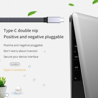 NÖRDIC 20 cm fladt og tyndt kabel USB3.2 Gen2 USB-C til C hurtigopladning med strømforsyning PD100W 5A 10Gbps 4K 60Hz med Emarker