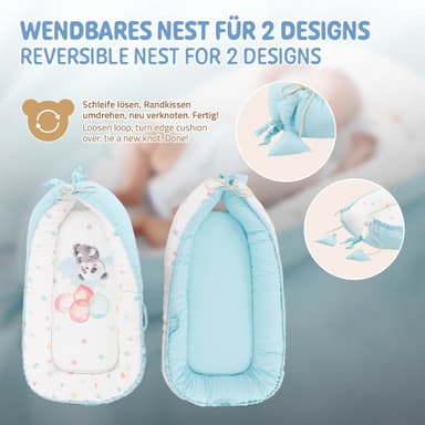 Joyz Babynest, Panda Hellblau, 90x50cm, Bomuld, dobbeltsidet, allergifri