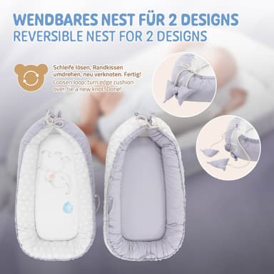 Joyz Babynest, Elefant, lysegrå, 90x50 cm, bomuld, dobbeltsidet